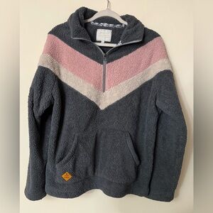 Simply Southern Chevron Stripe Sherpa Pullover, grey/pink/ivory size XL